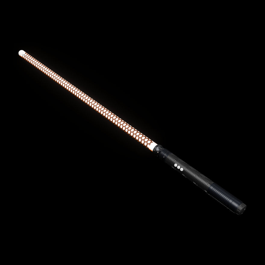 Honeycomb Saber Kit as it ships: 30 inch laser-cut hexagon tube glowing orange on the RGB Critter BT with hilt extension and twist-on cap