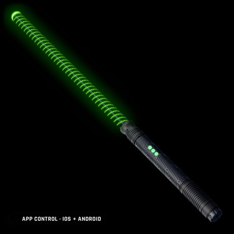 Saber Kit in the Stellar pattern, lit green: Stellar saber tube on the RGB Critter BT light engine hilt, controlled from the app on iOS and Android