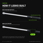 Saber Pack assembled with a 24 inch tube: on top with an RGB Critter BT you already own and its end cap on the back of the hilt, below exactly what is in the box with a gap where the light goes. No light included.