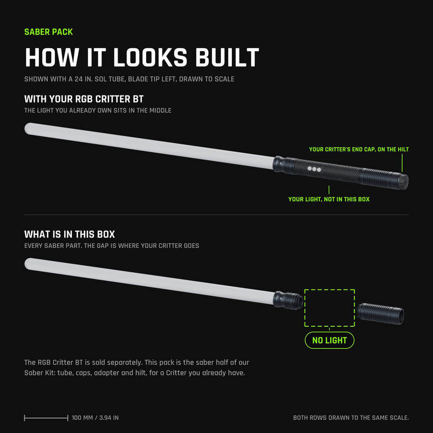 Saber Pack assembled with a 24 inch tube: on top with an RGB Critter BT you already own and its end cap on the back of the hilt, below exactly what is in the box with a gap where your Critter goes. White Saber Twist-On Cap on the blade tip.