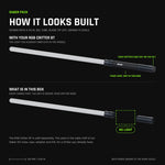 Saber Pack assembled with a 24 inch tube: on top with an RGB Critter BT you already own and its end cap on the back of the hilt, below exactly what is in the box with a gap where your Critter goes. White Saber Twist-On Cap on the blade tip.