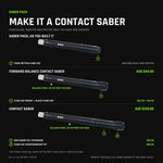 Make the Saber Pack a contact saber: add a Flow Cap Mount and a black Flow Cap for the Forward Balance build, or a second Saber Hilt Extension and the Flow Cap Counterweight Kit for the Contact Saber. Rear of the build drawn to scale.
