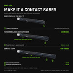 Make the Saber Pack a contact saber: add a Flow Cap Mount and a black Flow Cap for the Forward Balance build, or a second Saber Hilt Extension and the Flow Cap Counterweight Kit for the Contact Saber. Rear of the build drawn to scale.
