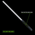 No light included: the dashed outline shows where the RGB Critter BT you already own fits. Saber Pack built: white 24 inch saber tube with a rounded tip, saber mount and black hilt, on black.