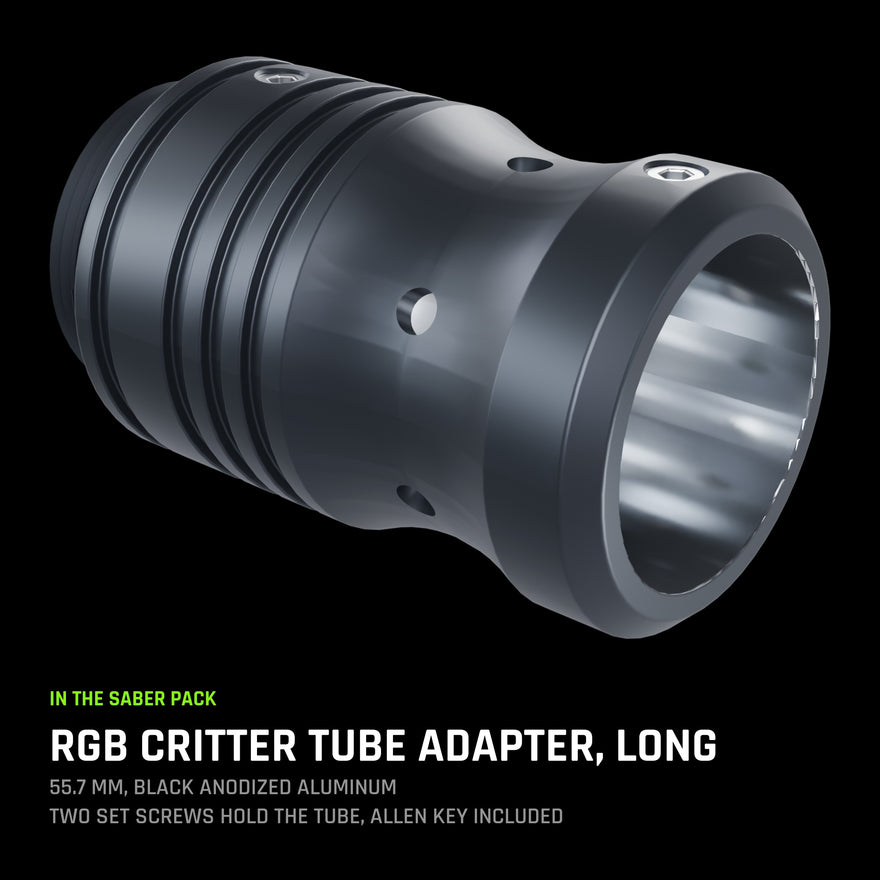 RGB Critter Tube Adapter, Long: 55.7 mm black anodized aluminum, two set screws hold the tube, Allen key included.