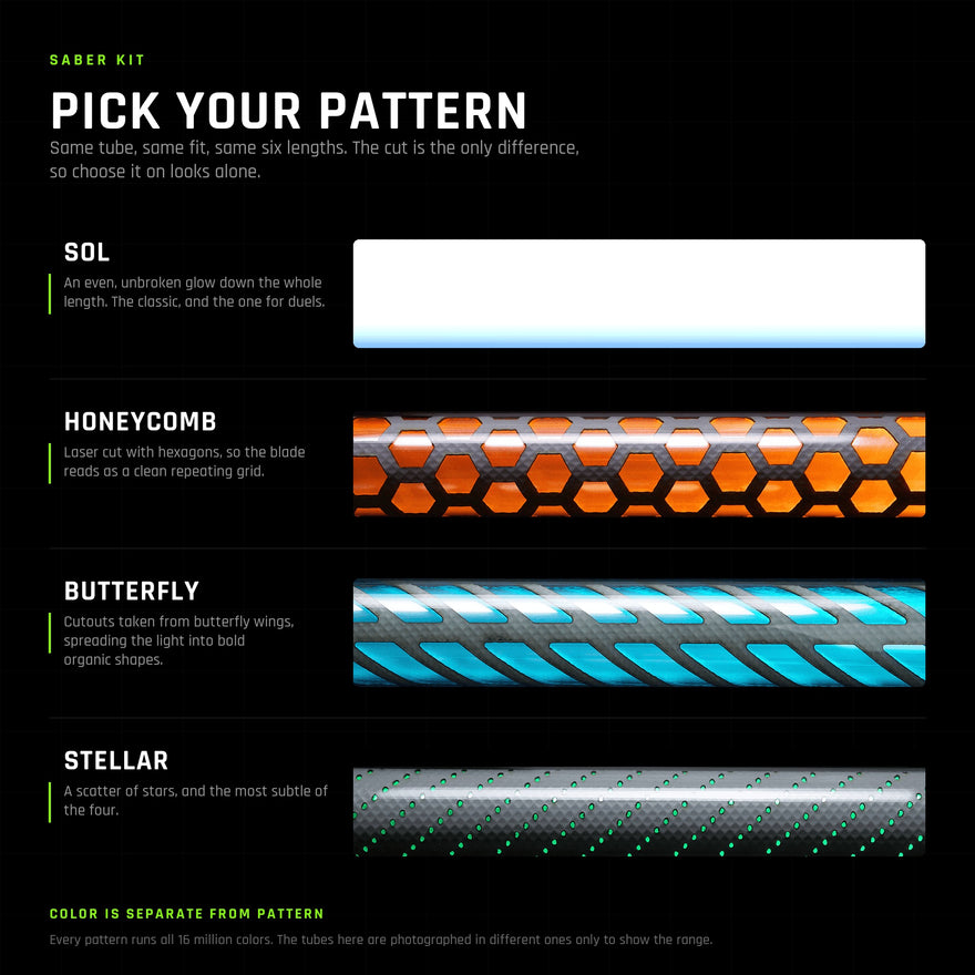 The four Saber Kit tube patterns shown lit. Sol is an even unbroken glow. Honeycomb is laser cut with hexagons and reads as a clean repeating grid. Butterfly takes its cutouts from butterfly wings and spreads the light into bold organic shapes. Stellar is a subtle scatter of stars. Same tube, same fit and the same six lengths on all four, and every pattern runs all 16 million colors.