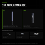 What the Saber Kit is with the tube on and with it off. Tube on, it is the full-length contact prop, and the same lit blade is what draws the line in a long exposure. Tube off, the RGB Critter BT light engine goes in a pocket with 100 brightness levels and 16 million colors. Another saber tube, a Critter Connector or a BitWhip Accessory take it further, each sold separately.