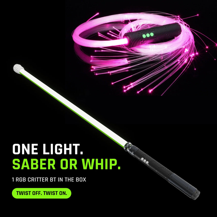 Saber Whip Combo Kit: one RGB Critter BT light engine that runs a green Sol saber or a pink BitWhip fiber optic whip. One light comes in the box; twist the saber off and twist the whip on.