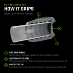 Silicone Saber Cap cut in half on a 1 inch tube: five silicone grip rings hold the tube, the closed end seals it so spins and flow moves won&