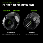 Silicone Saber Cap in black, both ends: the closed back with the AOAM emblem, and the open end with five grip rings inside. It caps a saber tube or the back of your hilt.