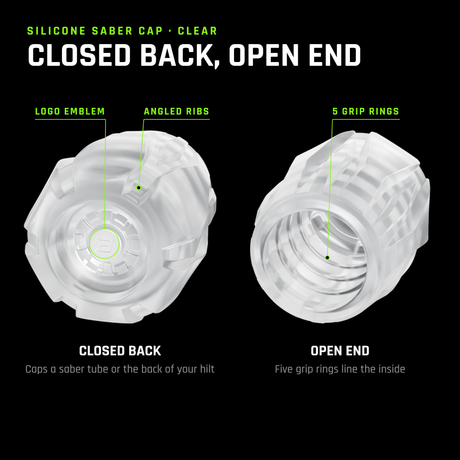 Silicone Saber Cap in clear, both ends: the closed back and the open end, the five grip rings visible inside. It caps a saber tube or the back of your hilt.