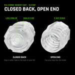 Silicone Saber Cap in clear, both ends: the closed back and the open end, the five grip rings visible inside. It caps a saber tube or the back of your hilt.