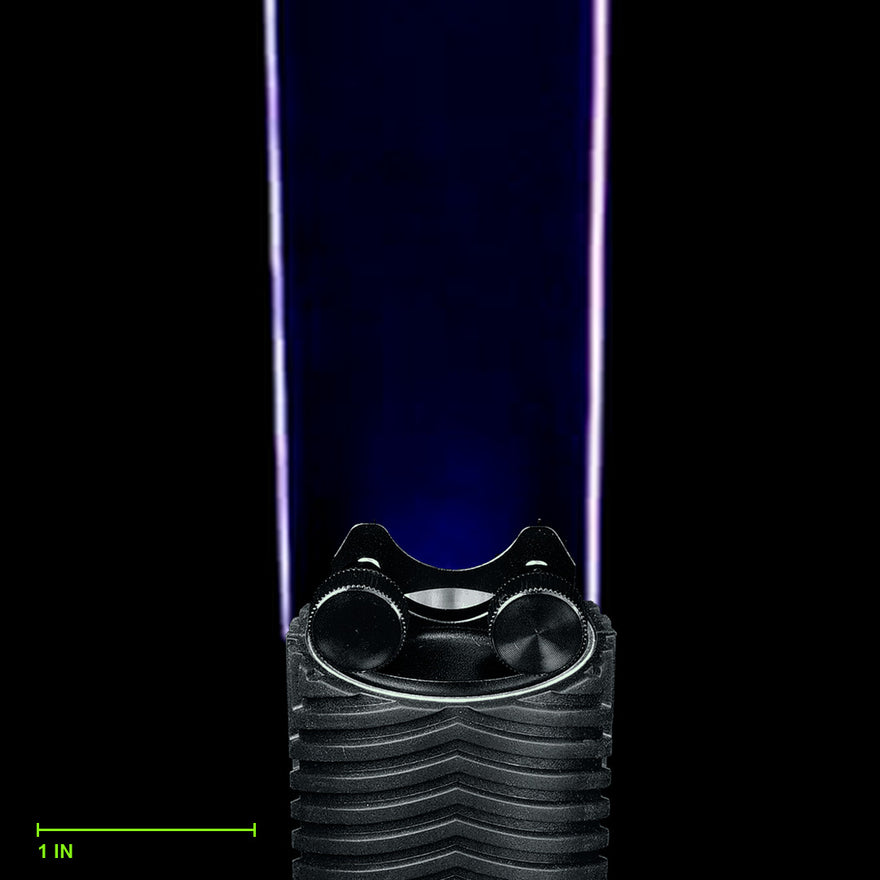 Slugger Blade clamped in the Light Painting Blade Holder on an RGB Critter BT flashlight, thumbscrews tightened, shown to scale. Blade is 18 in (46 cm) long