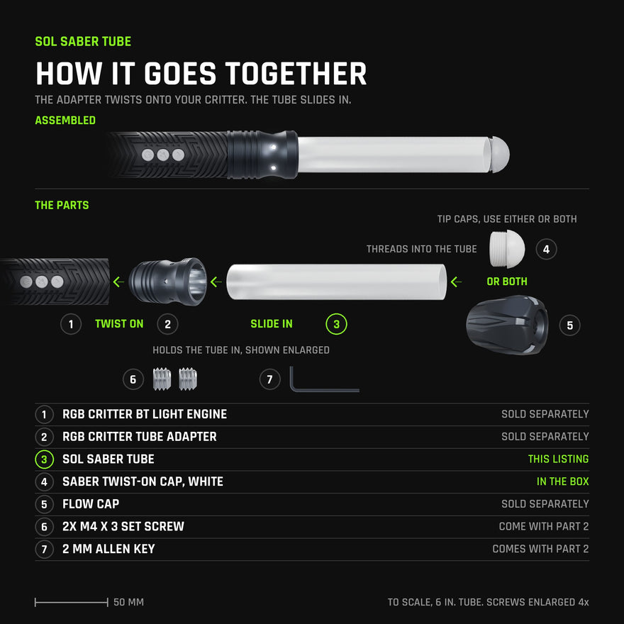 How the Sol Saber Tube goes together, to scale. Assembled: an RGB Critter BT Light Engine with the RGB Critter Tube Adapter twisted on, the tube seated in its socket, light ports glowing, and the White Saber Twist-On Cap in the tip. Below: the Critter and adapter (sold separately), the tube, the White Twist-On Cap in the box, the Flow Cap (sold separately), and the adapter&