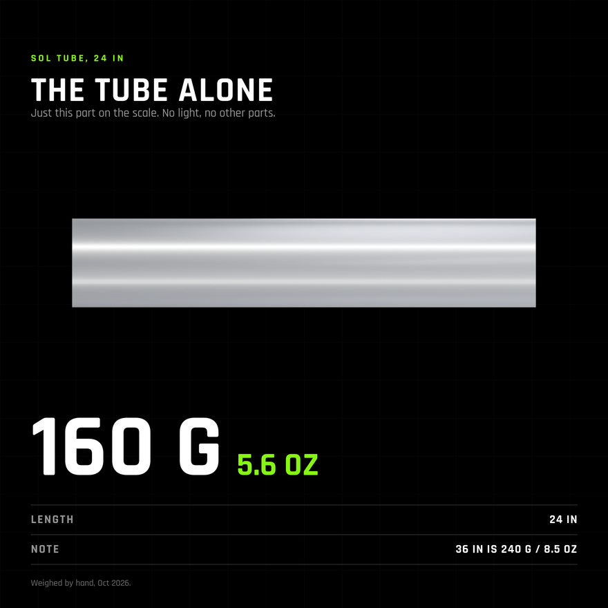 Sol tube, 24 inch weighed alone, just this part with no light or other parts attached: 160 g (5.6 oz), the 36 inch is 240 g.