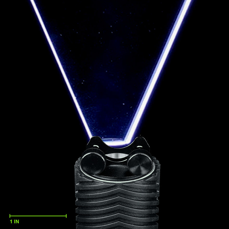 Spade Blade clamped in the Light Painting Blade Holder on an RGB Critter BT flashlight, thumbscrews tightened, shown to scale. Blade is 7 in (18 cm) long