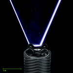 Spade Blade clamped in the Light Painting Blade Holder on an RGB Critter BT flashlight, thumbscrews tightened, shown to scale. Blade is 7 in (18 cm) long