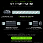 Exploded view of the Spiral Dots Light Painting Tube, drawn to scale with an 8 inch tube. Top: the RGB Critter Tube Adapter, socket facing the tube, then the tube showing its spiral rows of glowing dots. Below, the two add-ons that fit it: the Modular Saber Tube Connector joining two tubes end to end, and the Modular Saber Tube Adapter clamping on to add a thread that takes the Modular End Cap. This tube has no threads, so the Saber Twist-On Cap does not fit. Tube only, every other part sold separately.