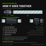 Exploded view of the Spiral Dots Light Painting Tube, drawn to scale with an 8 inch tube. Top: the RGB Critter Tube Adapter, socket facing the tube, then the tube showing its spiral rows of glowing dots. Below, the two add-ons that fit it: the Modular Saber Tube Connector joining two tubes end to end, and the Modular Saber Tube Adapter clamping on to add a thread that takes the Modular End Cap. This tube has no threads, so the Saber Twist-On Cap does not fit. Tube only, every other part sold separately.