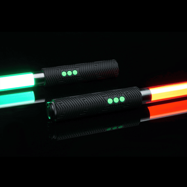 LED Staff Kit glowing teal, powered by two RGB Critter BT flashlights