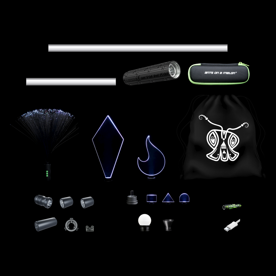 Everything included in the Light Painting Starter Kit, organized to scale: RGB Critter BT flashlight, 24 and 12 inch Light Painting Tubes, Critter Tube Adapter, two Modular Saber Tube Adapters, Modular Saber Tube Connector, Blade Holder, Mini Blade Set, Crown Jewel and Solar Flare blades, black Fiber Optic Duster, Acrylic Writer, Orb, Illuminator, Small Tube Holder, battery, USB-C cable, travel case and pull-string bag.