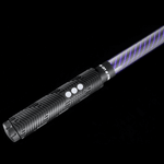 Close-up of the Stellar Accessory lightsaber connected to an RGB Critter BT flashlight, highlighting design details for flow arts, light painting, and festivals like Burning Man.