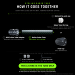 Exploded view of the Stellar Saber Tube, drawn to scale with a 6 inch tube. On one assembly axis: the RGB Critter Tube Adapter with its tube socket facing the tube, the Stellar Saber Tube showing its green pinhole star field, then the Saber Twist-On Cap or the Flow Cap with their mating faces turned toward the tube. Below, shown enlarged, the 2 M4 x 3 set screws and the 2 mm Allen key that hold the tube in the adapter. Only the tube is included in this listing; the adapter and caps are sold separately.