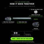 Exploded view of the Stellar Saber Tube, drawn to scale with a 6 inch tube. On one assembly axis: the RGB Critter Tube Adapter, sold separately, socket facing the tube; the tube with its green pinhole star field; then the Clear Saber Twist-On Cap, included in the box with this tube, and the Flow Cap, sold separately. Use either cap alone, or thread the Twist-On Cap on and push the Flow Cap over it. Below, enlarged, the 2 M4 x 3 set screws and 2 mm Allen key that ship with the adapter.