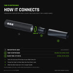 How the Tube To Critter Back connects, every part drawn to scale. Left to right: an RGB Critter BT (sold separately, shown cut with its rear end cap off and the aluminum bore showing), the Tube To Critter Back adapter (included, 27.6 mm), which threads into the Critter&