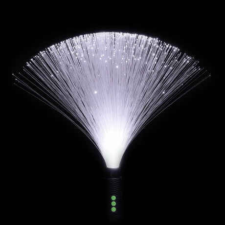 White fiber optic Light Painting Duster with glowing ends, ideal for flow arts, creating vivid light trails, and enhancing performances at festivals like Burning Man. 