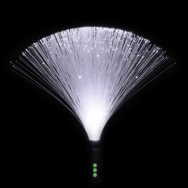 White fiber optic Light Painting Duster with glowing ends, ideal for flow arts, creating vivid light trails, and enhancing performances at festivals like Burning Man.