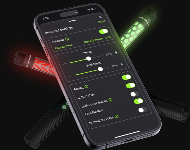 The Ants on a Melon app, showing autoplay, strobe, brightness, analog, button LED and lock settings.