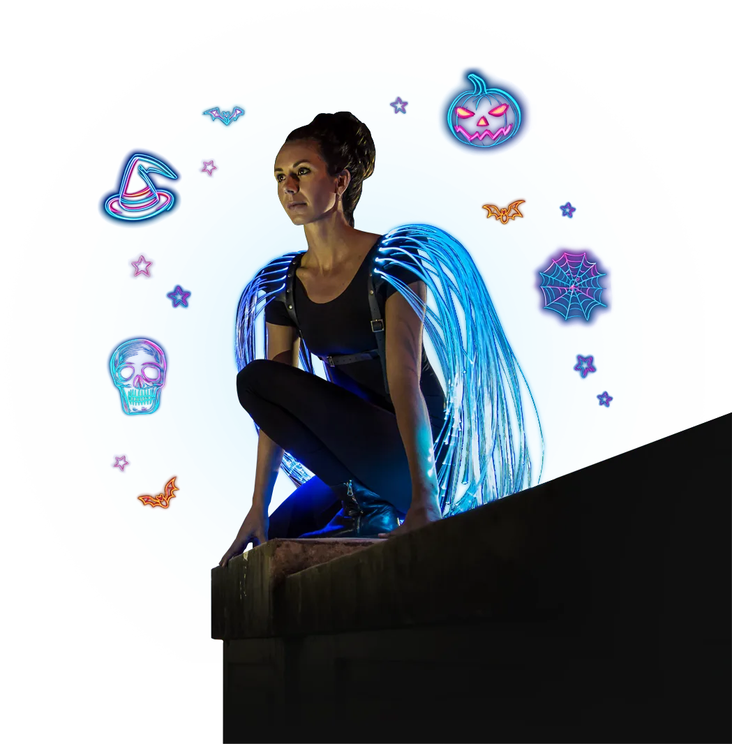 Fiber optic costume wings glowing blue